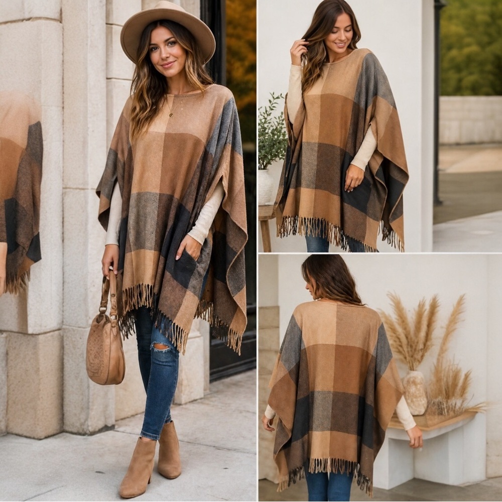 A New Day Plaid Poncho w Arm Holes Tan Gray Buffalo Check Fringe OSFM